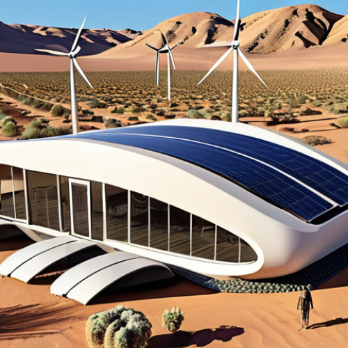 Home 19 **A futuristic 3D printed building with self-repairing materials in a desert environment.** The building should have flowing, organic lines and blend seamlessly with the landscape. Add wind turbines and solar panels integrated into the design to emphasize sustainability. The overall feel should be innovative and environmentally conscious.