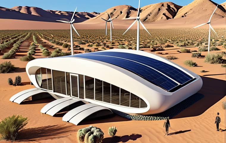 **A futuristic 3D printed building with self-repairing materials in a desert environment.** The building should have flowing, organic lines and blend seamlessly with the landscape. Add wind turbines and solar panels integrated into the design to emphasize sustainability. The overall feel should be innovative and environmentally conscious.