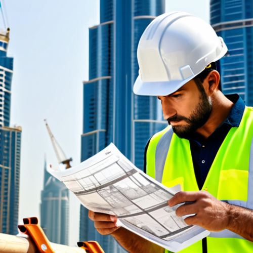 Home 17 **
"A skilled civil engineer, fully clothed in appropriate construction attire (hard hat, safety vest), reviewing blueprints at a construction site in Dubai with modern skyscrapers in the background. Safe for work, appropriate content, professional, perfect anatomy, well-formed hands, natural pose, high-resolution, clear details, family-friendly."
**