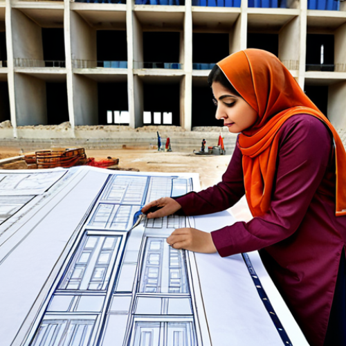 Home 8 **
"A professional female architect, wearing a modest shalwar kameez with intricate embroidery, reviewing blueprints on a construction site in Lahore, Pakistan. Background shows a modern building under construction. Fully clothed, appropriate attire, safe for work, perfect anatomy, natural proportions, professional, high-resolution."
**