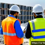 Home 20 건축산업기사와 안전한 공사 현장 설계 - A detailed construction site scene in Pakistan showing workers wearing full safety gear including he...