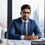 Home 19 건축산업기사 연봉 협상 전략 - A confident South Asian professional man in formal business attire, sitting at a modern office desk ...