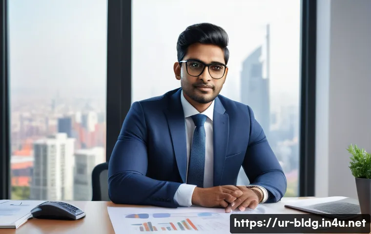 건축산업기사 연봉 협상 전략 - A confident South Asian professional man in formal business attire, sitting at a modern office desk ...